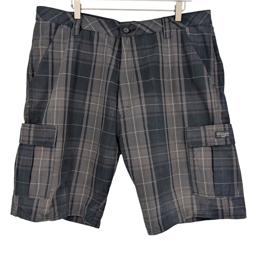 Wrangler Cargo Shorts Men 38 Black Gray Plaid Cotton Relaxed Fit Utility 90s Y2K